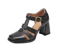 Sandales Plates Femme Chaussure Ete Confort Chaussures À Talons Hauts pour Femmes Littéraire Rétro Creux Chaussures Romaines En Cuir Pu Sandales À Talons Épais Chaussure A Talon Femme (Black,37)