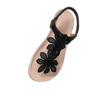 Sandales Plates Femme Dentelle Fleurs Boho T-Strap Tongs Sandales d'été Slip On Bout Ouvert Légères Chaussures Élastiques À Bride Extérieur Plage Vacances Confortables 42
