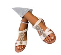 Sandales Plates for Femmes 2026 Nouvelles, Sandals Romaines De Style Rétro Ethnique Avec Strass, Sandales D'été Légères À Semelles Souples, Chaussures De Plage Bohèmes Avec Élastique(White,37 EU)