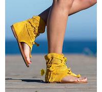 Sandales Plates Gladiateur à Franges pour Femme - Bout Ouvert - Confortables décontractées - Plateforme d'été à Talons Hauts - Respirantes - Sandales de Plage à Bout Plat - Bottines de Plage -