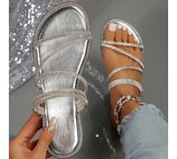 Sandales plates glamour en suède synthétique argent avec décorations de strass, portables de multiples façons, pour la Saint-Valentin CN36,CN37,CN38,CN39,CN40,CN41,CN42,CN43Unicolore