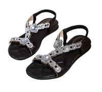 Sandales plates ornées de strass pour femme avec sangle élastique pour les vacances d'été et les occasions habillées - Chaussures confortables à enfiler à bout ouvert, Noir , 37.5 EU