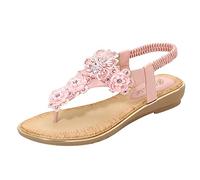 Sandales plates pour femme - Avec fleurs et strass - Paillettes - Chaussures d'été - Bande élastique - Sandales à bride arrière - Sandales bohémiennes pour la plage, les vacances, la plage