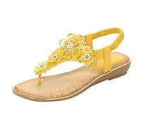 Sandales plates pour femme - Avec fleurs et strass - Paillettes - Chaussures d'été - Bande élastique - Sandales à bride arrière - Sandales bohémiennes pour la plage, les vacances, la plage