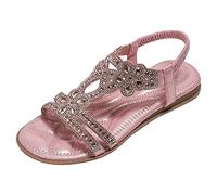 Sandales plates pour femme avec strass et perles - Style bohème - Chaussures de plage décontractées - Tongs élastiques élégantes - Paillettes - Été - Strass - Chaussures de loisirs - Avec semelle