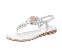 Sandales plates pour femme avec strass et perles - Style bohème - Chaussures de plage décontractées - Tongs élastiques élégantes - Paillettes - Été - Strass - Chaussures de loisirs - Avec semelle