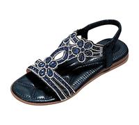 Sandales plates pour femme avec strass et perles - Style bohème - Chaussures de plage décontractées - Tongs élastiques élégantes - Paillettes - Été - Strass - Chaussures de loisirs - Avec semelle
