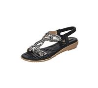 Sandales plates pour femme - Sandales d'été pour femme - Noir avec strass brillants - Avec coussin d'air pour soulager la douleur - Sandales d'extérieur rétro confortables, Noir , 39 EU