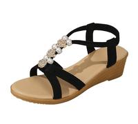 Sandales plates pour femme - Sangle de cheville élastique - Sandales bohème avec strass - Sandales d'été antidérapantes - Pantoufles de vacances - Chaussures de plage - Tongs - Bout ouvert, Noir , 39
