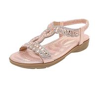 Sandales plates pour femme - Style bohème - Loisirs - Avec strass - Sangle en T - Antidérapantes - Pour la plage - Larges pieds - Légères - Orthopédiques - Chaussures d'été, Rose, 38 EU