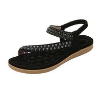 Sandales plates pour femme - Style bohème - Strass - Confortables - Bout ouvert - Sangle élastique à la cheville - Sans bretelles - Sandales romaines, Noir , 39 EU