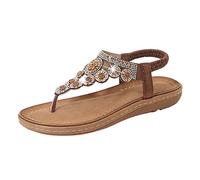 Sandales plates pour femme - Style bohème - Strass - Confortables - Bout ouvert - Sangle élastique - Sans bretelles - Inserts en fourrure romaine - Chaussures pour femme, marron, 39 EU