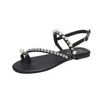 Sandales plates pour femme taille 38 avec perle décorative et fermoir en cuir avec tige d'orteil pour femme, taille 39 2025, Noir , 40 EU