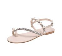 Sandales plates pour femme taille 38 avec perle décorative et fermoir en cuir avec tige d'orteil pour femme, taille 39 2025, beige, 40 EU