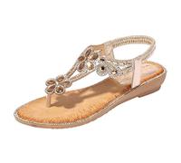 Sandales plates pour femme - Tongs d'été à paillettes - Style bohème - Avec strass - Confortable - Élastique - Chaussures d'été orthopédiques - Chaussures de plage - Vert, A05 doré, 38 EU