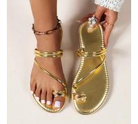 Sandales Plates Pour Femmes Avec Sangle D'orteil À Deux Manières De Porter, Doré, Nouvelle 2024 CN36,CN37,CN38,CN39,CN40,CN41,CN42,CN43