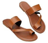 Sandales Plates pour Femmes, Mules à Enfiler avec Boucle d'orteil, Tongs d'été en Cuir PU pour la Plage, Les Voyages, correcteur d'oignon valgus(Marrone,40 EU)