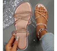 Sandales plates pour femmes ornées de cristaux, sandales mule à fines brides pouvant se porter de deux façons, pour la Saint-Valentin CN36,CN37,CN38,CN39,CN40,CN41,CN42,CN43Unicolore