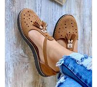 Sandales Plates pour Femmes - Sandales à Pompons Confortables Tendance - Bout fermé - Talon Plat - Sangle de Cheville - Espadrilles de Plage antidérapantes - Chaussures de Voyage en Plein air -