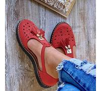 Sandales Plates pour Femmes - Sandales à Pompons Confortables Tendance - Bout fermé - Talon Plat - Sangle de Cheville - Espadrilles de Plage antidérapantes - Chaussures de Rome - Tongs (Rouge 39 EU)