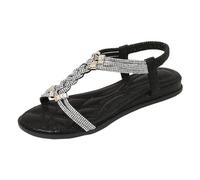 Sandales plates tendance d'été pour femme - Style bohème - Tendance - Printemps - Strass - Style western - À bout ouvert - Confortables - Été 2025 - Sexy - Sandales plates habillées pour mariage, Noir