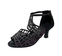 Sandales pour femme avec fermeture éclair à l'arrière, encolure en strass, orteils, chaussures de danse, talons antidérapantes, chaussures pour femme sans embout en acier, Noir , 37 EU