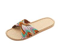 Sandales pour femme - Chaussons d'été bohémiens - Sandales à plateforme - Sandales à bout ouvert - Pantoufles en lin - Sangle croisée colorée - Sandales de paille pour femme, Orange, 37
