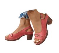 Sandales pour femme - Chaussures plates pour femme - Coupe large - Talons bas d'été - Talon bas - Fleur - Bout ouvert - Sangle de cheville - Tendance - Chaussures de fête de mariage, W2b Rouge, 37 EU