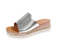 Sandales pour femme - Pantoufles printemps-été et automne - Un mot - Bouche de poisson - Usage extérieur - Chaussures compensées romaines - Légères - Vacances, Argenté., 37 EU