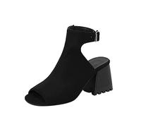 Sandales pour femme, taille 38, tendance, couleur unie, flocage ajouré, bout ouvert, épais, talons hauts, boucle, sandales romaines 2025, Noir , 39.5 EU X-Étroit