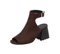 Sandales pour femme, taille 38, tendance, couleur unie, flocage ajouré, bout ouvert, épais, talons hauts, boucle, sandales romaines 2025, marron, 40 EU X-Étroit