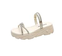 Sandales pour Femmes perlées Couleur Unie Femmes Sandales perlées Semelle épaisse Sangle Plate Dames Pantoufles