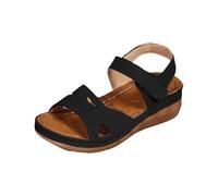 Sandales romaines à talon compensé pour femme - Chaussures de plage décontractées - Confortables - Avec sangles de cheville - Sandales pour grand-père, Noir , 39 EU