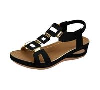 Sandales romaines tendance pour femme - Sandales compensées avec boucle en métal - Sandales décontractées en cuir - Coupe large - Chaussures de marche légères et souples - Confortables - Chaussures de