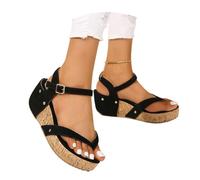 Sandales Séparateurs D'orteils Vintage Tongs Femme À Talon Compensé Sandales D'été 2026 À Clip En Cuir PU Flip-Flops Romaines À Plateforme Chaussures De Plage De Loisirs Grande Taille(Black,42 EU)