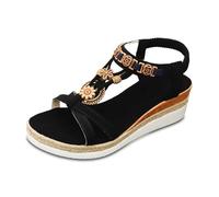 Sandales tendance pour femmes, idéales pour la plage, quotidien, style bohème, bout ouvert, idéales pour l'été, talon compensé de 5 cm de hauteur, idéales pour accompagner un jean. (Black, 38)