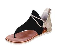 Sandales Tongs Femme D'été Fermeture À Glissière Antidérapant Sandales Sangle en T Confortable Sandale Bohemia Flip Flops Sandales Femme Randonnée Sandales D'été Femmes Basses Avec Strass, Noir , 38