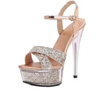 Sandals Ladies Super High Heels 14CM Glitter Sequin Champagne Color Stiletto Pole Dancing Platform Party Nightclub Shoes(Color5,37)