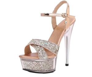 Sandals Ladies Super High Heels 14CM Glitter Sequin Champagne Color Stiletto Pole Dancing Platform Party Nightclub Shoes(Color5,37)