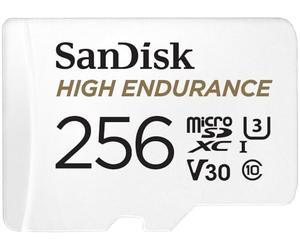 SanDisk 256 Go High Endurance carte microSDXC pour les caméras IP et les caméras embarquées + adaptateur SD jusqu'à 20 000 heures de vidéo Full HD / 4K jusqu'à 100 Mo/s UHS-I Class 10 U3 V30