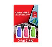 SanDisk Cruzer Blade - Ensemble de 3 clés USB 2.0 32Go Type-A - Couleurs Bleu, Vert, Rose - Dimensions 17.6x41.5x7.4mm, Poids 2.5g - Réf. SDCZ50C-032G-B46T