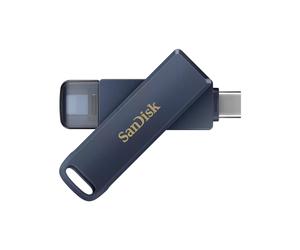 SanDisk iXpand 128Go USB Type-C / Lightning 3.2 Gen 1, Lecture 90Mo/s, Écriture 10Mo/s, Pivotant, Bleu, Windows 10+/macOS 10.9+