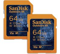 SanDisk Lot de 2 cartes mémoire 4K SDXC UHS-I 64 Go pour l'extérieur jusqu'à 170 Mo/s, C10, U3, V30, caméra Trail - SDSDSDXW2-064G-GN6V2