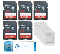 SanDisk SDSDUNR-032G-GN3IN Lot de 5 cartes mémoire SD SDHC UHS-I Classe 10 avec 5 étuis pour cartes SD et 1 lecteur de cartes Everything But Stromboli 3.0 32 Go