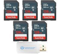 SanDisk SDSDUNR-128G-GN3IN Lot de 5 cartes mémoire SD Ultra Classe 10 SDXC 128 Go 100 Mo/s avec 1 lecteur de carte mémoire Everything But Stromboli multi-emplacements