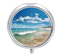 Sandy Beach Pilulier de voyage à 3 compartiments 3 fois par jour - Joli mini pilulier pour sac à main et poche - Boîte à médicaments portable en métal avec miroir - Récipient rond pour médicaments