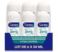 SANEX - Déodorant à Bille 0% Extra Control - Déodorant Homme & Femme - Efficacité 48h - Sans Alcool, Sans Sels d'Aluminium - Lot de 6 Roll-On de 50mL