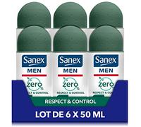 SANEX - Déodorant à Bille 0% Men Respect & Control - Déodorant Homme - Efficacité 24h - Sans Alcool, Sans Sels d'Aluminium - Lot de 6 Roll-On de 50mL