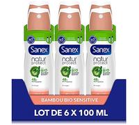 SANEX - Déodorant Spray Compressé Natur Protect Sensitive - Extrait De Bambou Bio & Poudre De Bambou Bio Naturelle - Protection Anti-Odeurs 48h - Pour Peaux Sensibles - Vegan - Lot De 6 x 100 ml