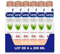 SANEX - Déodorant Spray Natur Protect Aloe Vera Bio - Peaux Sensibles - Protection 48 h - Lot de 6 x 200ml